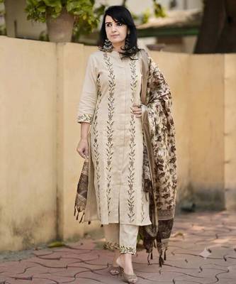  beige floral embroidered cotton straight kurta pant set 1