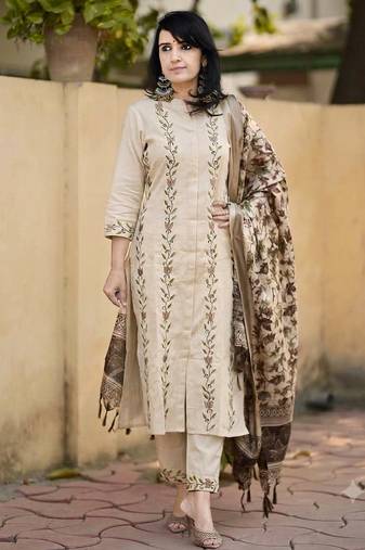  beige floral embroidered cotton straight kurta pant set