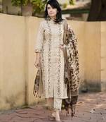  beige floral embroidered cotton straight kurta pant set