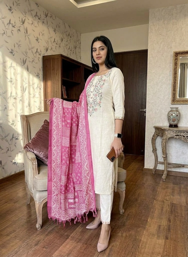  off-white floral embroidered cotton kurta set with pink bandhani dupatta