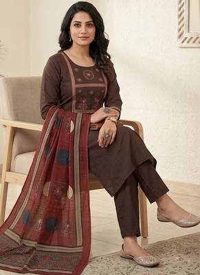  coffee brown yoke work cotton straight suit set 2