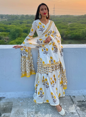  white and yellow floral printed cotton sharara suit set 2
