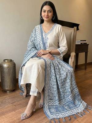  off-white embroidered cotton flex straight kurta pant set 2