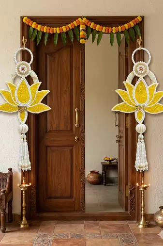 Handmade Multicolour Lotus Shubh Labh Gota Patch Hanging for Home Decor Hanging (Pack of 2)