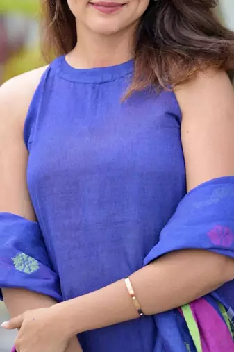  royal blue sleeveless linen suit set with contrast pink border dupatta