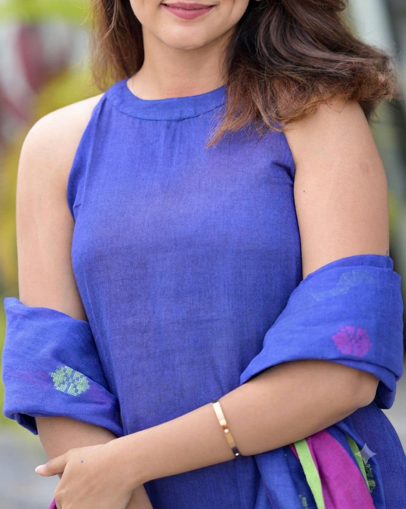  royal blue sleeveless linen suit set with contrast pink border dupatta
