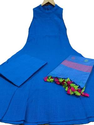  royal blue sleeveless linen suit set with contrast pink border dupatta 5