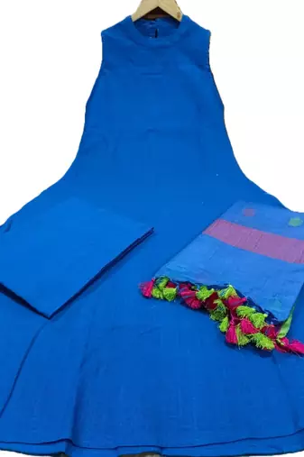 royal blue sleeveless linen suit set with contrast pink border dupatta