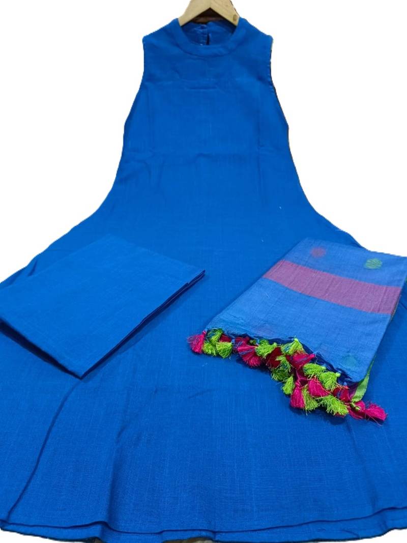  royal blue sleeveless linen suit set with contrast pink border dupatta