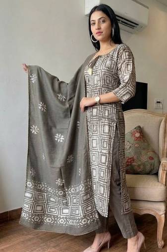  grey tie-up neck cotton straight ethnic suit set
