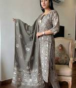  grey tie-up neck cotton straight ethnic suit set