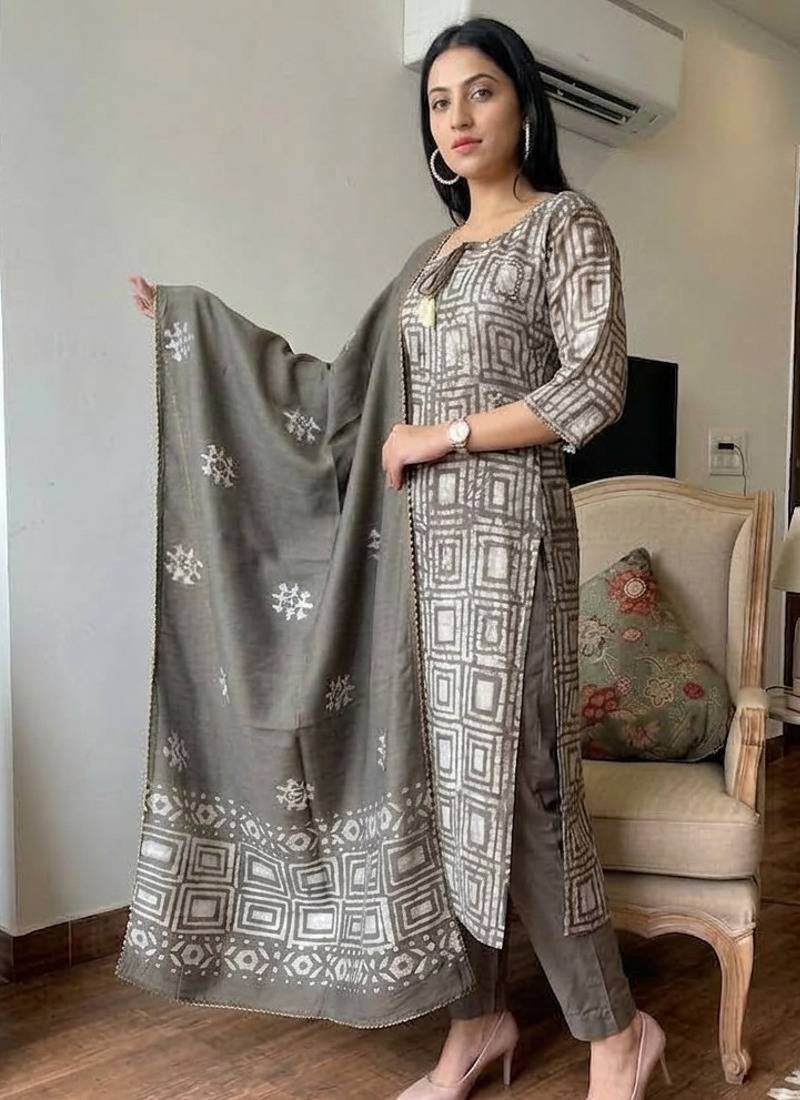  grey tie-up neck cotton straight ethnic suit set