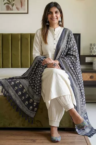  ivory textured cotton kurta and afghan pant set