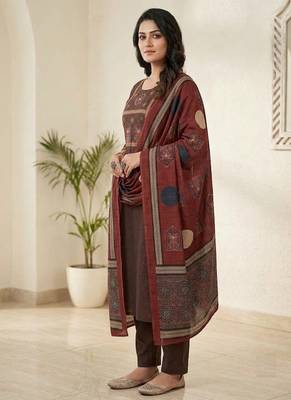  coffee brown yoke work cotton straight suit set 3