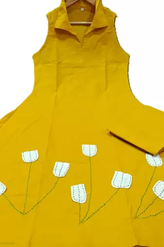  mustard yellow solid plain khadi linen collared sleeveless a-line kurta set