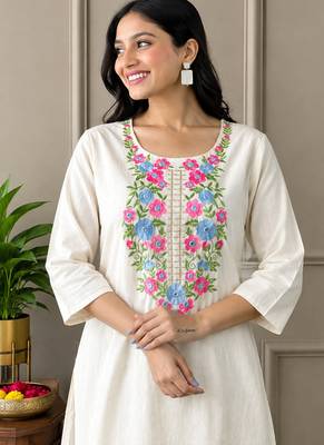  off-white multi-color embroidered kurti set with scallop pants 4