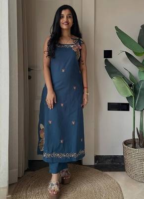Beautiful teal blue applique embroidered cotton straight kurta set 1