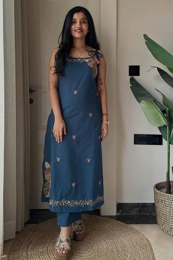 Beautiful teal blue applique embroidered cotton straight kurta set