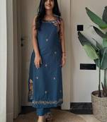 Beautiful teal blue applique embroidered cotton straight kurta set