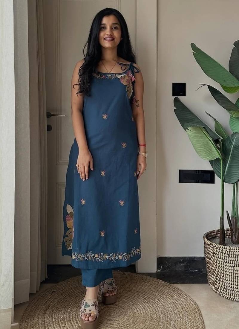 Beautiful teal blue applique embroidered cotton straight kurta set