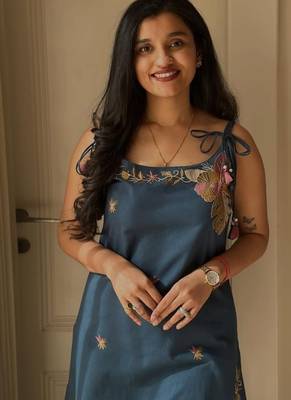 Beautiful teal blue applique embroidered cotton straight kurta set 2