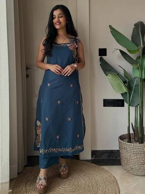 Beautiful teal blue applique embroidered cotton straight kurta set 3
