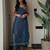 Beautiful teal blue applique embroidered cotton straight kurta set