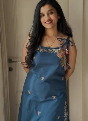 Beautiful teal blue applique embroidered cotton straight kurta set 4