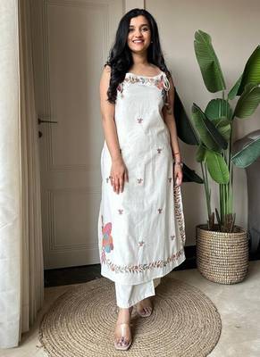  white applique embroidered cotton straight kurta set 1
