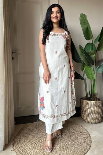  white applique embroidered cotton straight kurta set