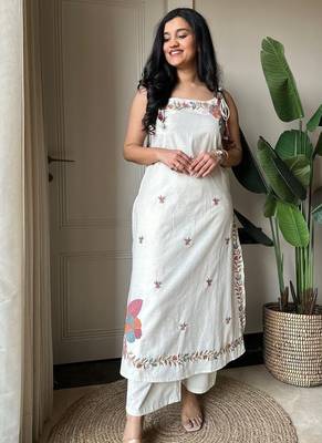  white applique embroidered cotton straight kurta set 2