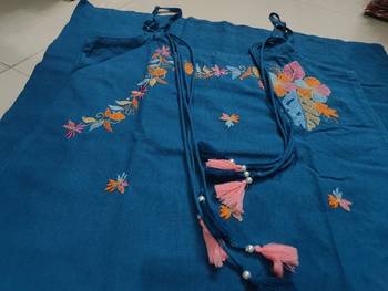 Beautiful teal blue applique embroidered cotton straight kurta set 5