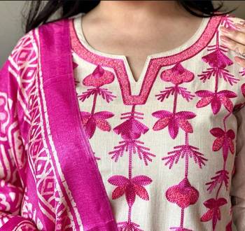  ivory pink floral embroidered cotton kurti and pant set 4