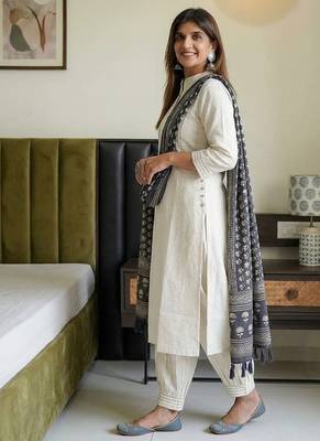  ivory textured cotton kurta and afghan pant set 3
