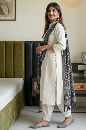  ivory textured cotton kurta and afghan pant set