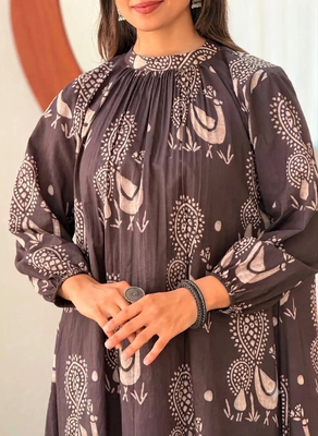  dark chocolate beige motif print pure cotton gathered a-line co-ord kurta set 4