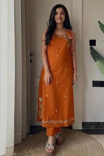  rust applique embroidered cotton straight kurta set