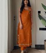 rust applique embroidered cotton straight kurta set