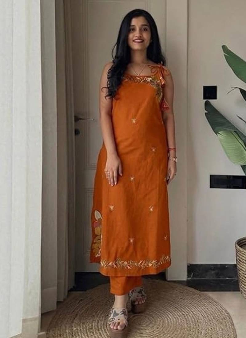  rust applique embroidered cotton straight kurta set