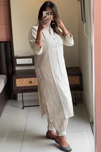  ivory textured cotton kurta and afghan pant set