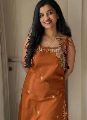  rust applique embroidered cotton straight kurta set 4