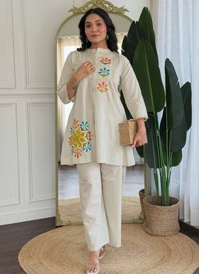  off-white multi-color embroidered cotton-linen flared co-ord set 1