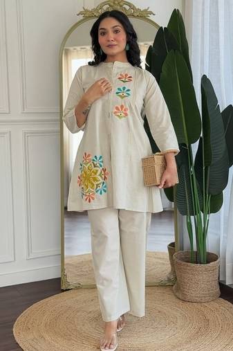  off-white multi-color embroidered cotton-linen flared co-ord set