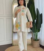  off-white multi-color embroidered cotton-linen flared co-ord set