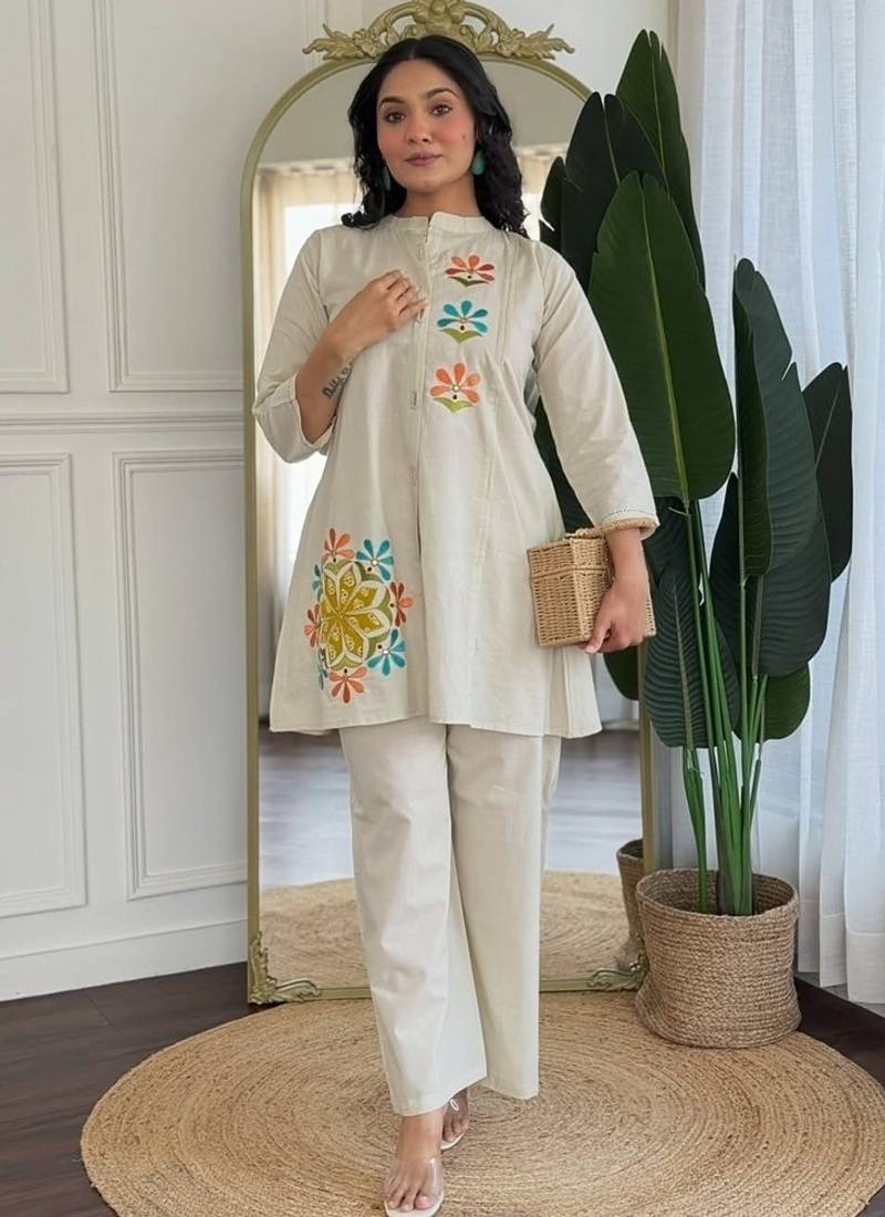  off-white multi-color embroidered cotton-linen flared co-ord set