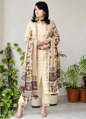  beige floral embroidered cotton straight kurta pant set 3