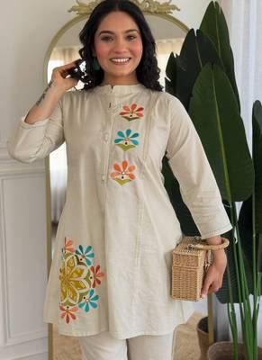  off-white multi-color embroidered cotton-linen flared co-ord set 2