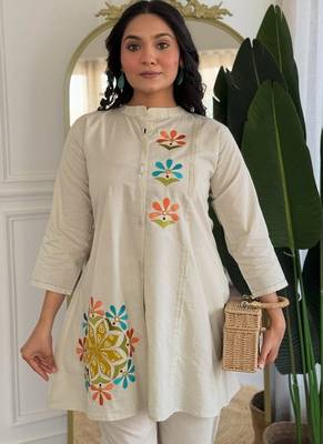  off-white multi-color embroidered cotton-linen flared co-ord set 4