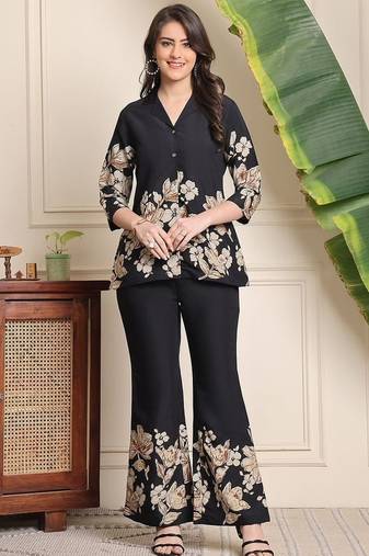  black floral printed crepe flared co-ord set