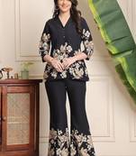  black floral printed crepe flared co-ord set